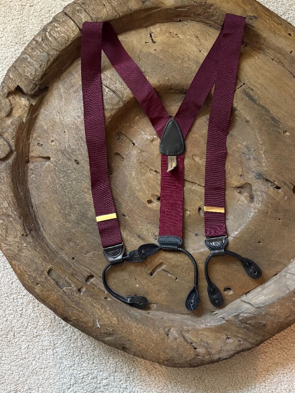 Trafalgar burgundy ribbon black leather men's suspenders braces made in England